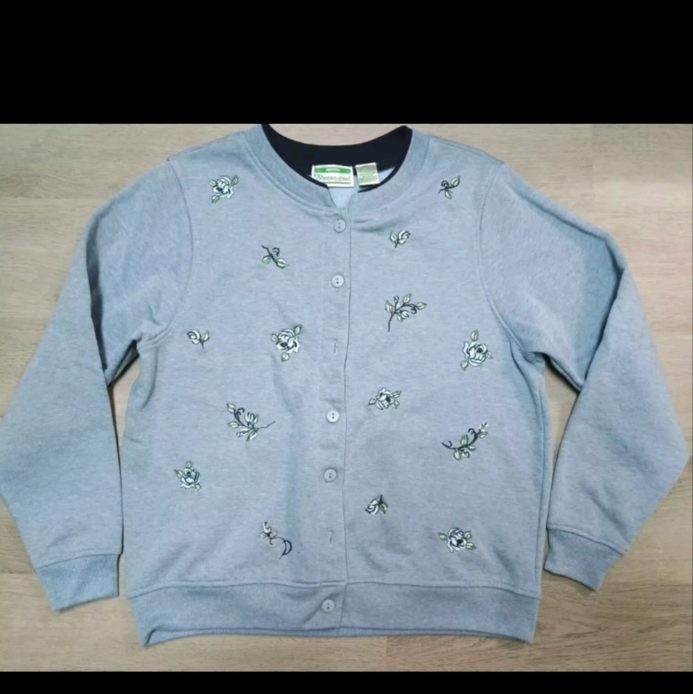 Vintage Shenanigans Grandma Cardigan Blue Small Floral Embroidery Small Petite